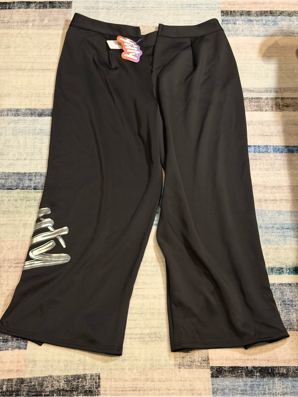 YITTY Black Wide-Leg Pants with Silver Logo Accent